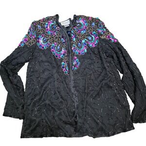 Vintage 80s JMD New York Black Beaded Sequin Embellished Silk Jacket M